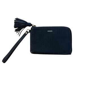 Fossil Black Leather Tassel Tara Wristlet Wallet Zip Around Cowhide Bag Purse